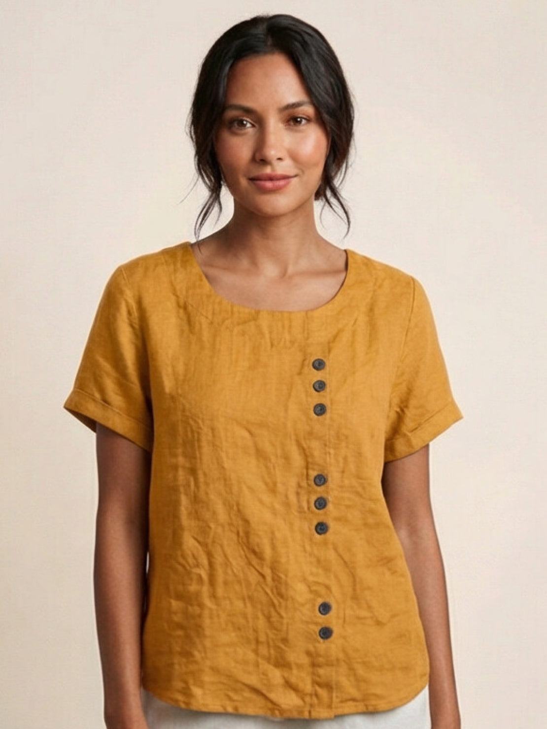 Women's Short Sleeve Casual Scoop Neck Button Detail