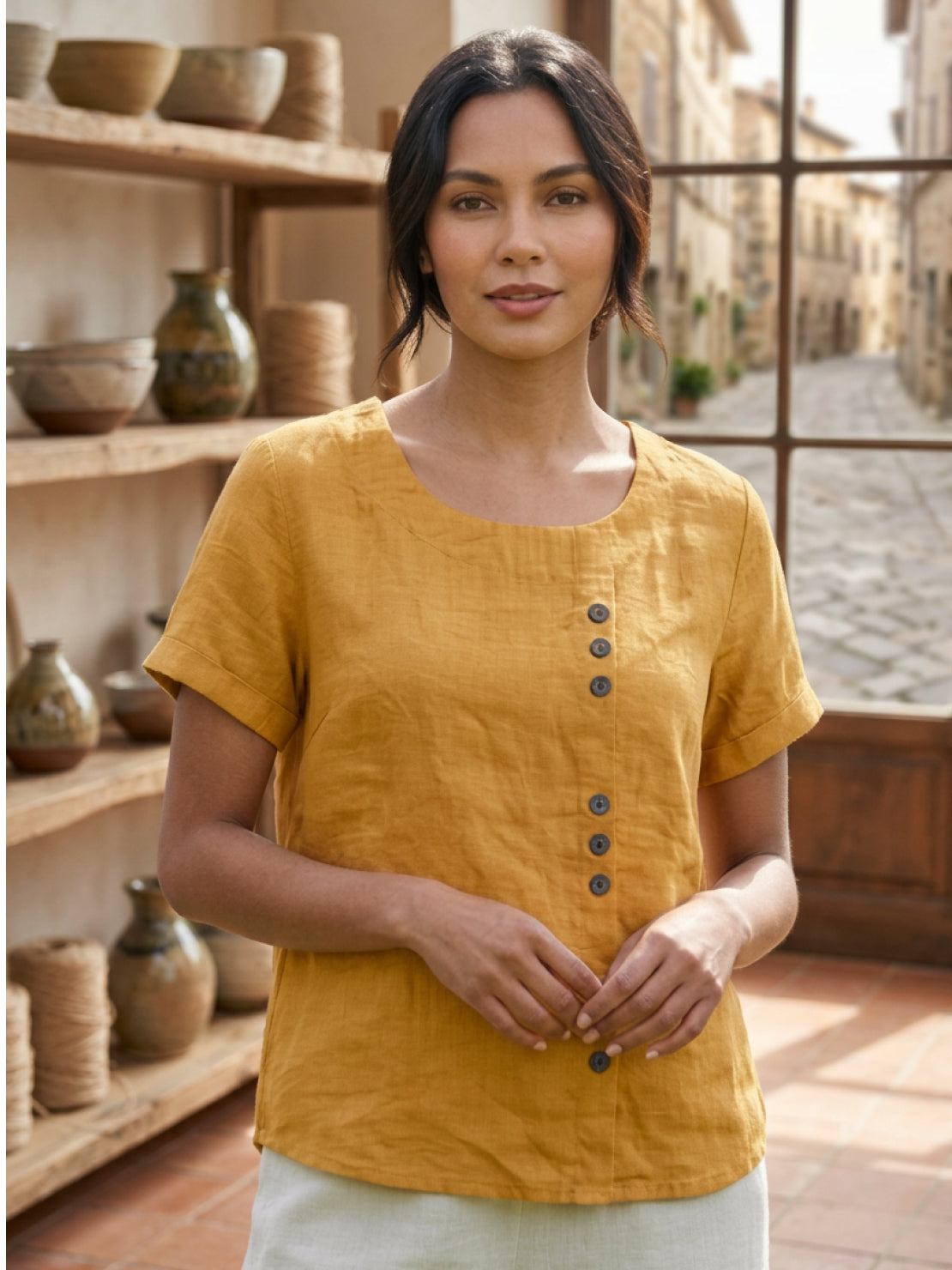 Foreen | Women's Casual Scoop Neck Button Detail Short Sleeve Top