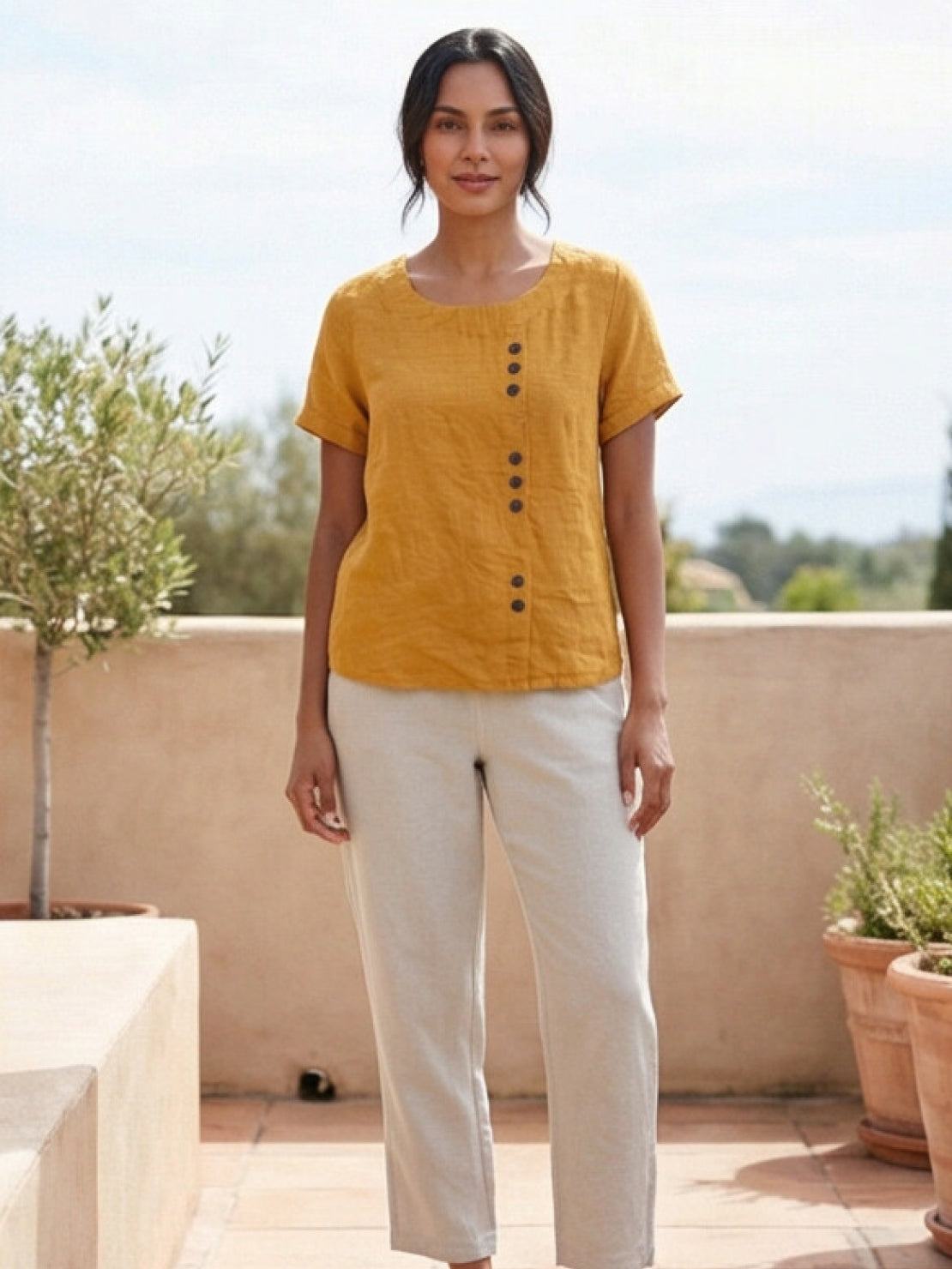 Women's Short Sleeve Casual Scoop Neck Button Detail