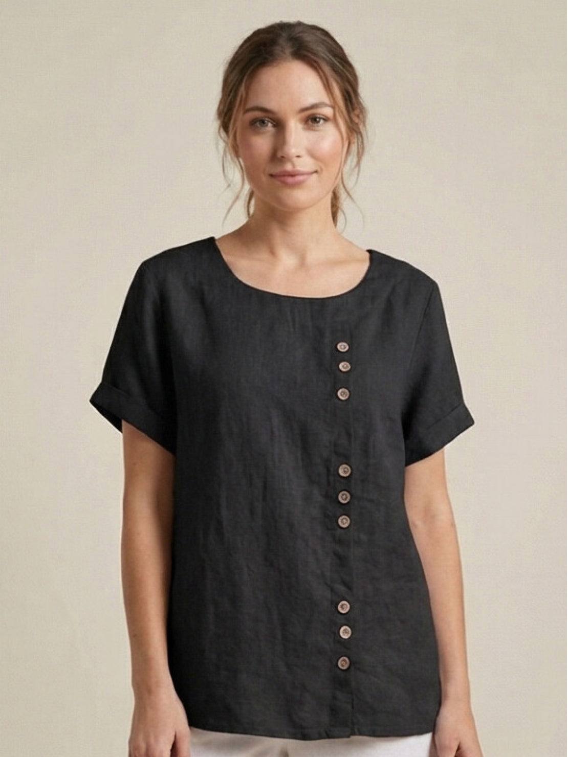 Women's Short Sleeve Casual Scoop Neck Button Detail
