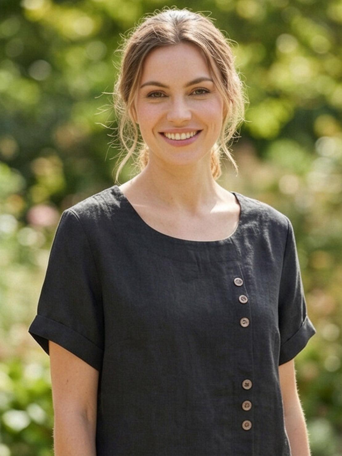 Women's Short Sleeve Casual Scoop Neck Button Detail
