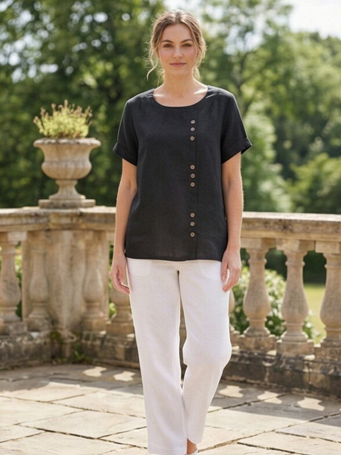 Women's Short Sleeve Casual Scoop Neck Button Detail