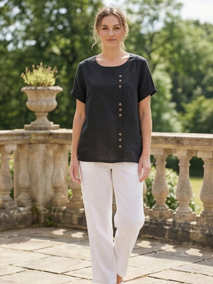 Women's Short Sleeve Casual Scoop Neck Button Detail