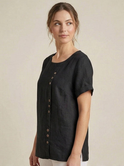 Foreen | Women's Casual Scoop Neck Button Detail Short Sleeve Top