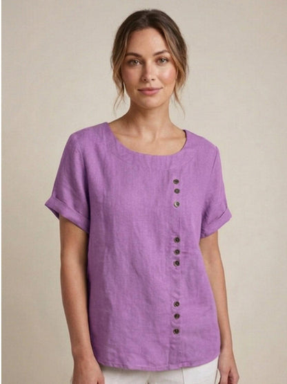 Women's Short Sleeve Casual Scoop Neck Button Detail