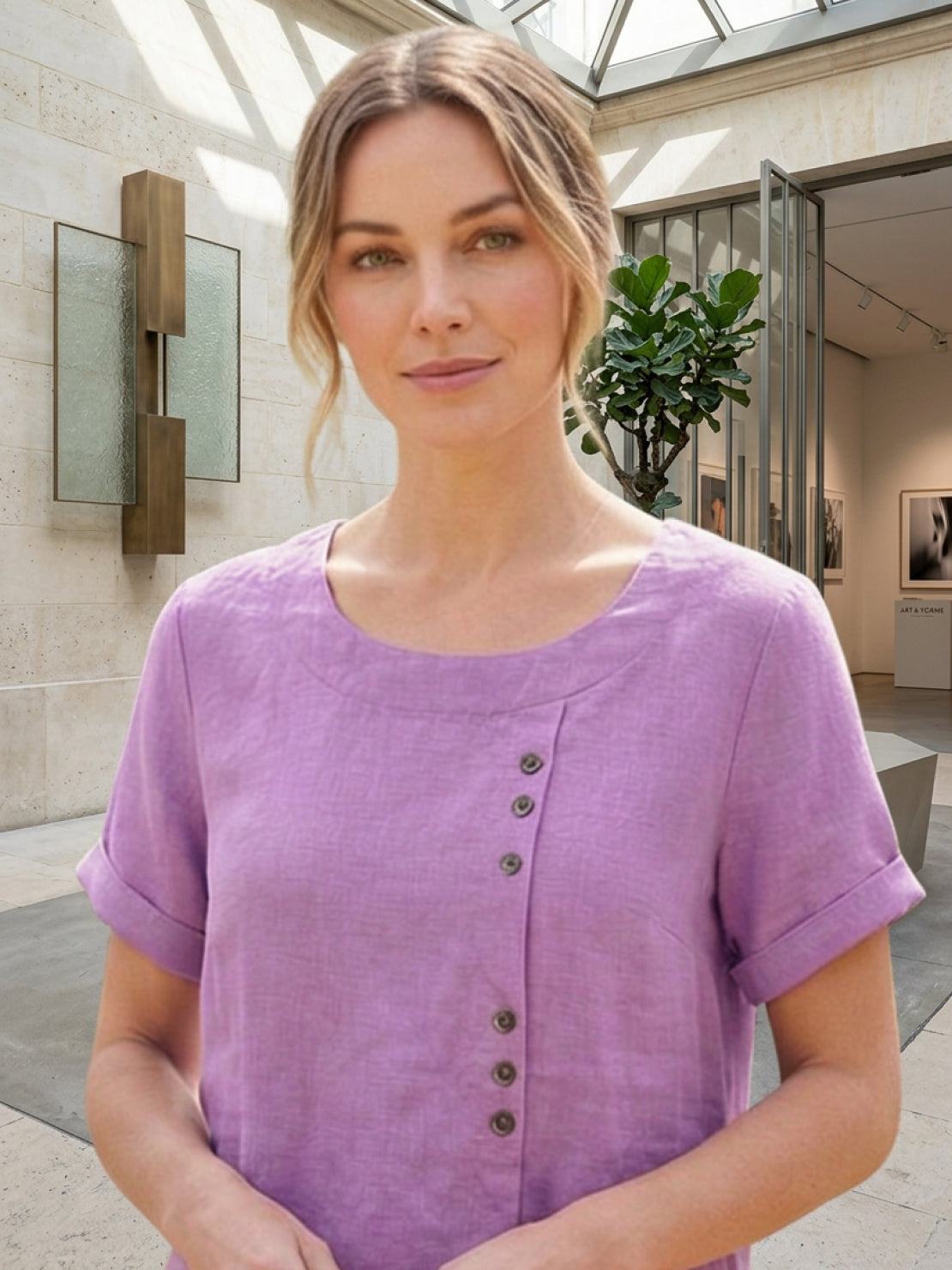 Women's Short Sleeve Casual Scoop Neck Button Detail