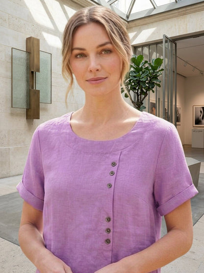 Women's Short Sleeve Casual Scoop Neck Button Detail