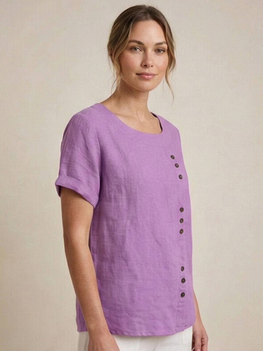 Women's Short Sleeve Casual Scoop Neck Button Detail