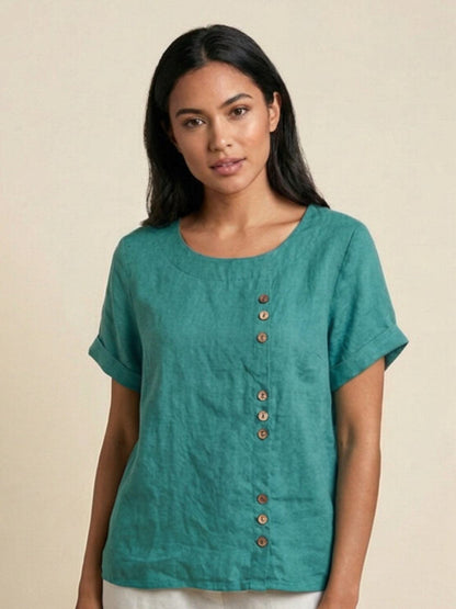 Women's Short Sleeve Casual Scoop Neck Button Detail