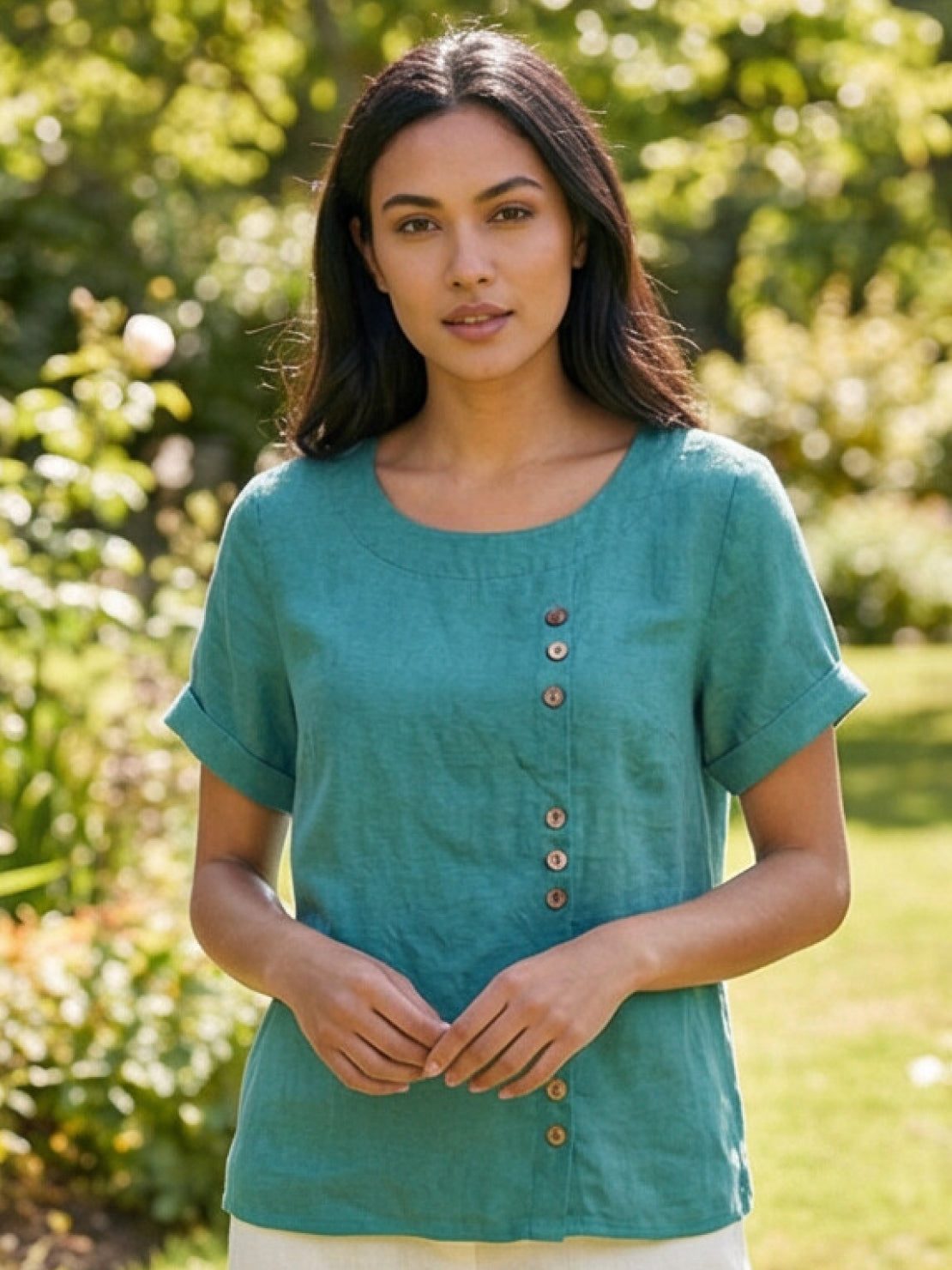 Women's Short Sleeve Casual Scoop Neck Button Detail
