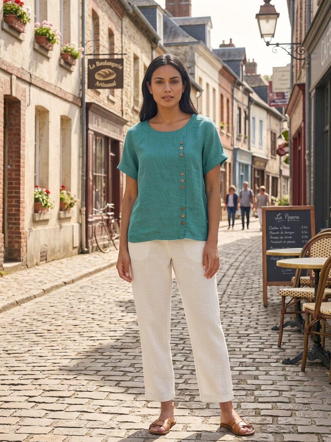 Women's Short Sleeve Casual Scoop Neck Button Detail