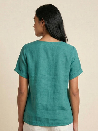 Women's Short Sleeve Casual Scoop Neck Button Detail