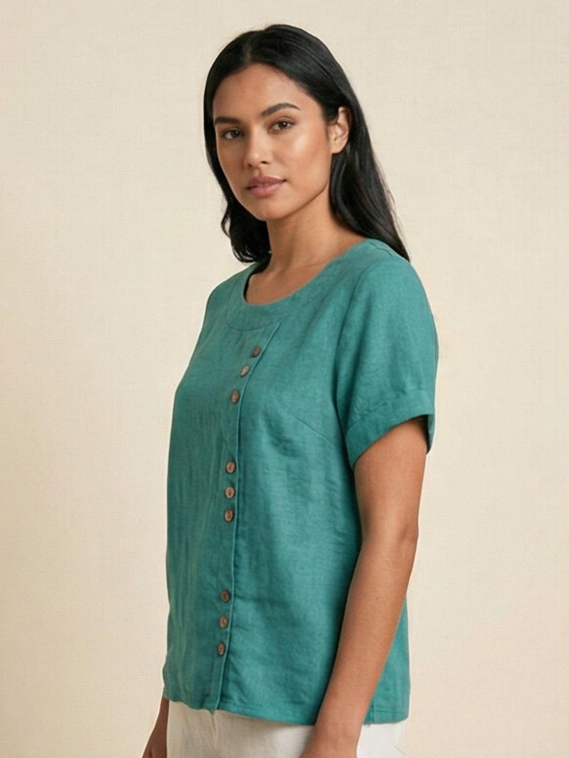 Women's Short Sleeve Casual Scoop Neck Button Detail