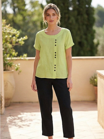 Foreen | Women's Casual Scoop Neck Button Detail Short Sleeve Top