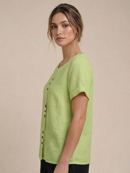 Women's Short Sleeve Casual Scoop Neck Button Detail