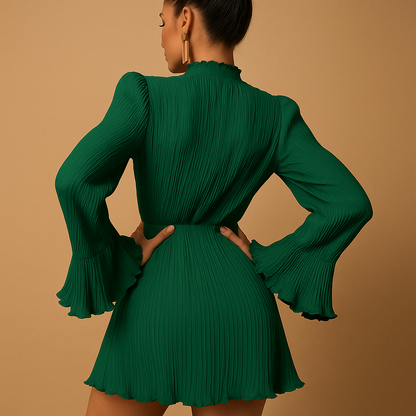 Women’s ribbed bodycon mini dress with long sleeves and O-neck in beige or green, ideal for elegant dinners and stylish evening events.