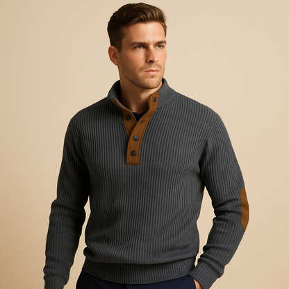 Men’s ribbed stand-collar sweatshirt with button closure, soft breathable feel, and versatile design for autumn and winter wear.