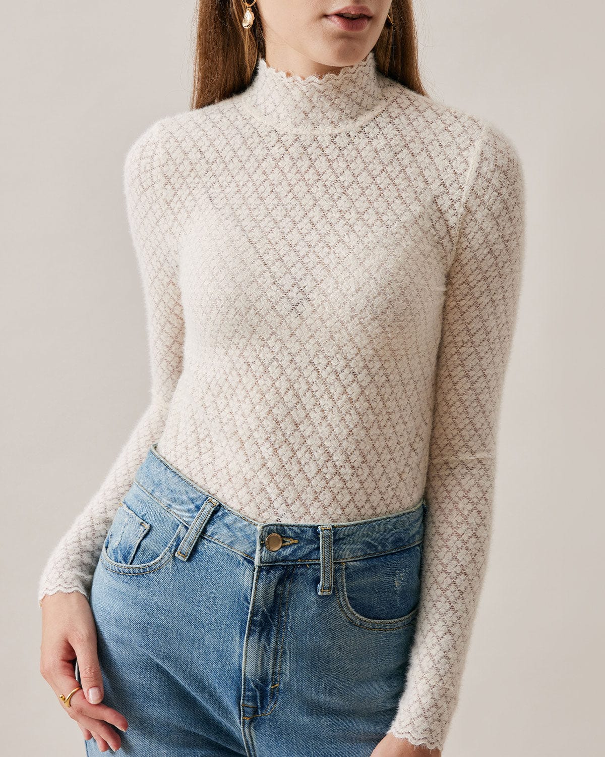 Women's Cashmere Turtleneck Sweater Lace Detail - Vonnera