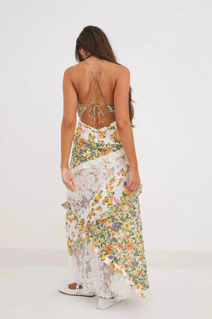Women's Lace Floral Print Maxi Dress