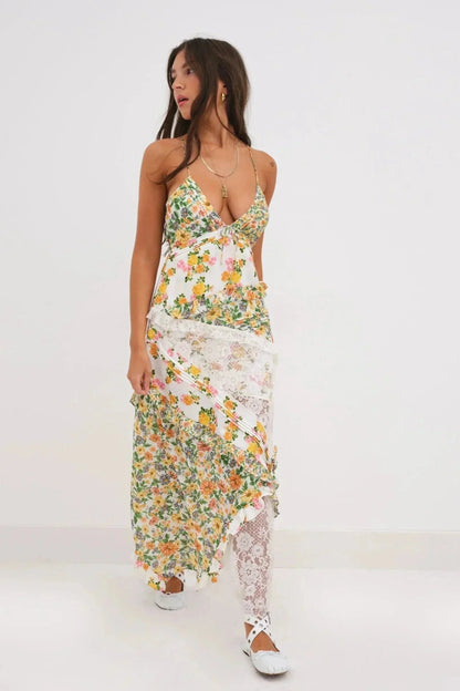 Women's Lace Floral Print Maxi Dress