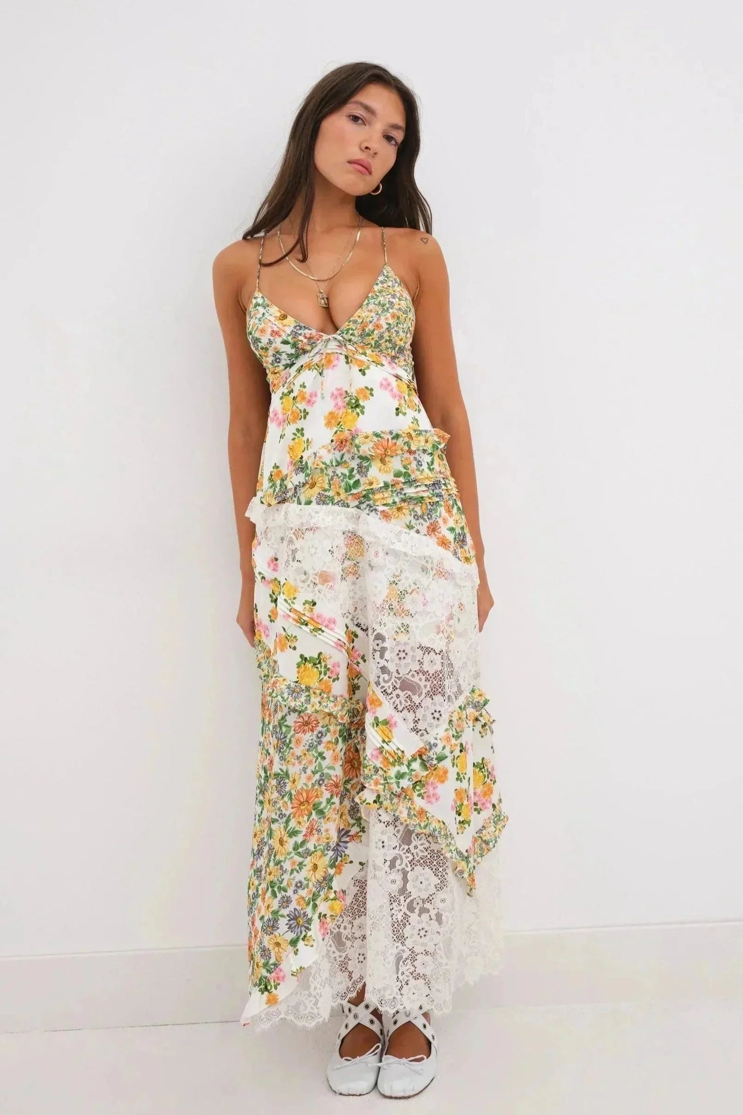 Women's Lace Floral Print Maxi Dress - Vonnera