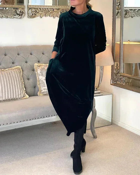 Women's Velvet Midi Dress With Pockets - Vonnera
