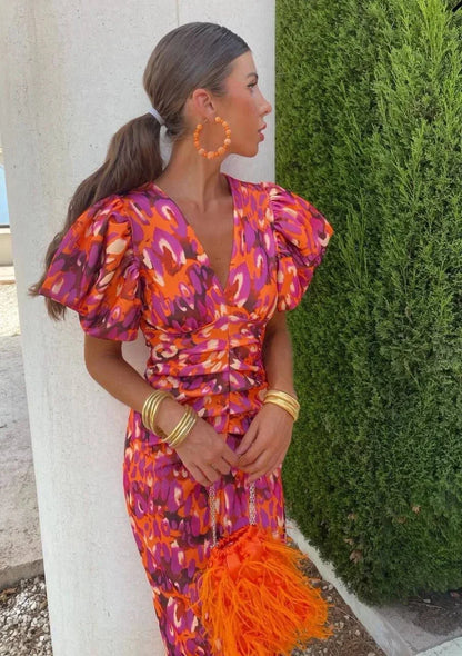 Women's Midi Dress Puff Sleeves V-Neck - Vonnera