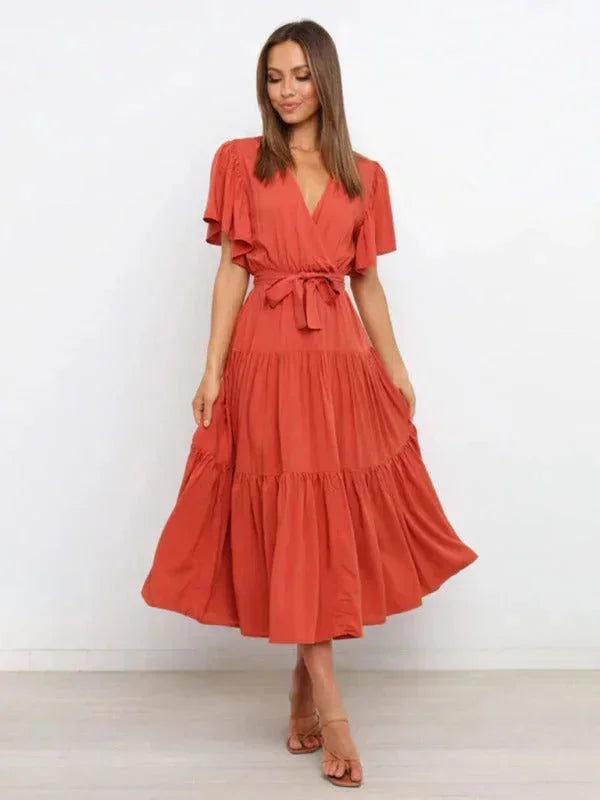 Women's Midi Dress Ruffle V-Neck Short Sleeves - Vonnera