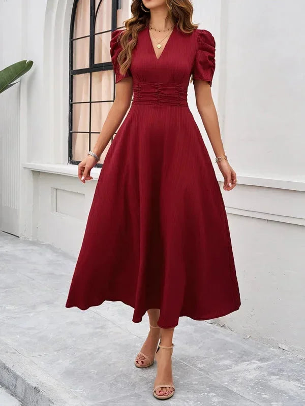 Women's Midi Dress V-Neck Puff Sleeves - Vonnera