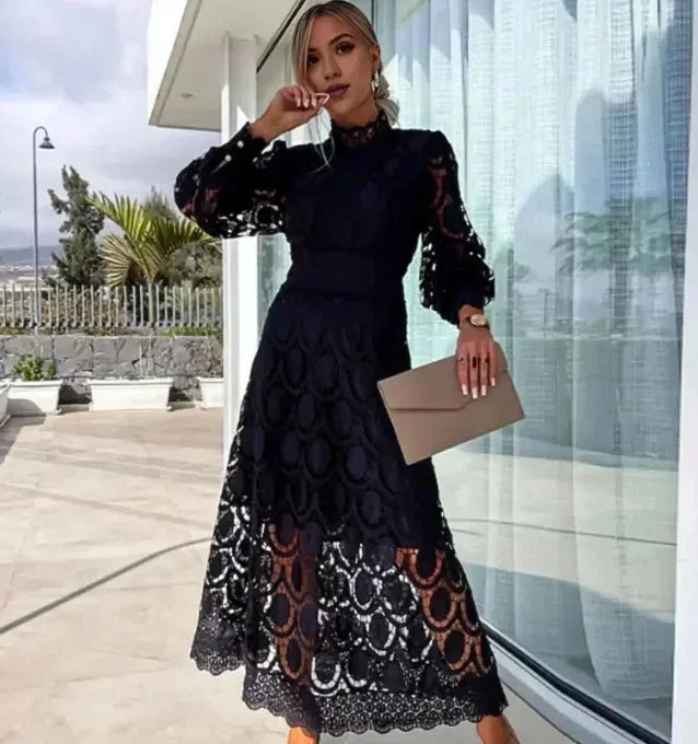 Women's Lace Midi Dress Long-Sleeved - Vonnera
