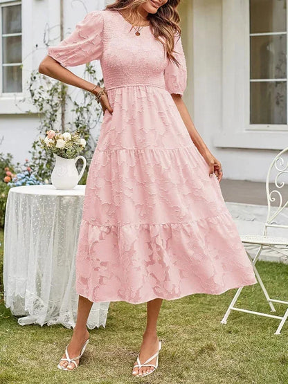 Women's Midi Dress Short Sleeve Ruffled Cotton