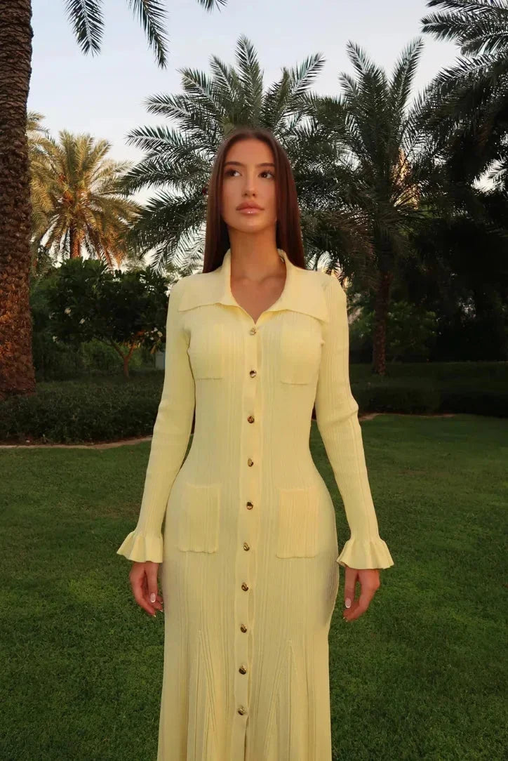 Women's Midi Dress Long Sleeves Button Front - Vonnera