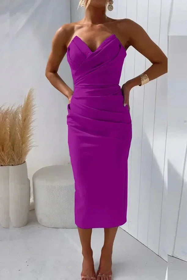Women's Strapless Midi Dress Sweetheart Neckline Evening Wear