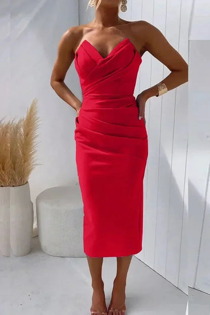 Women's Strapless Midi Dress Sweetheart Neckline Evening Wear