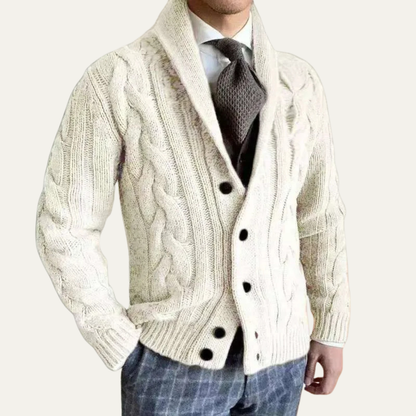 Men's Cable Knit Cardigan Shawl Collar Button Up
