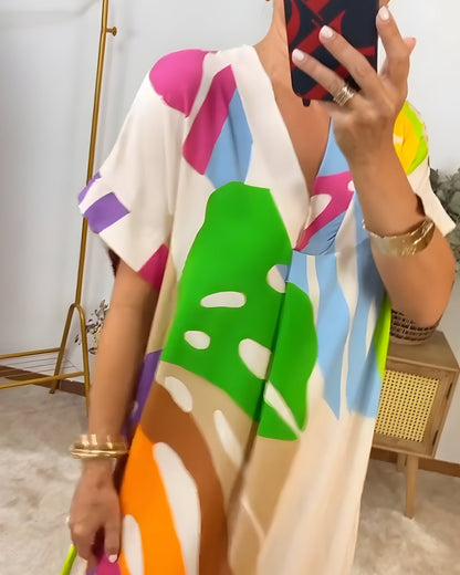 Women's V-Neck Abstract Print Midi Dress