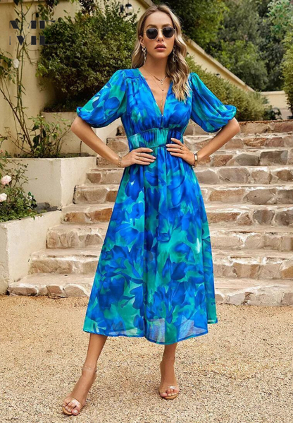 Image of Rosie | Women's Floral V-Neck A-Line Midi Dress