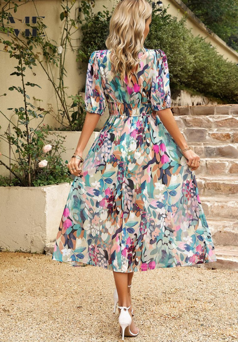 Image of Rosie | Women's Floral V-Neck A-Line Midi Dress