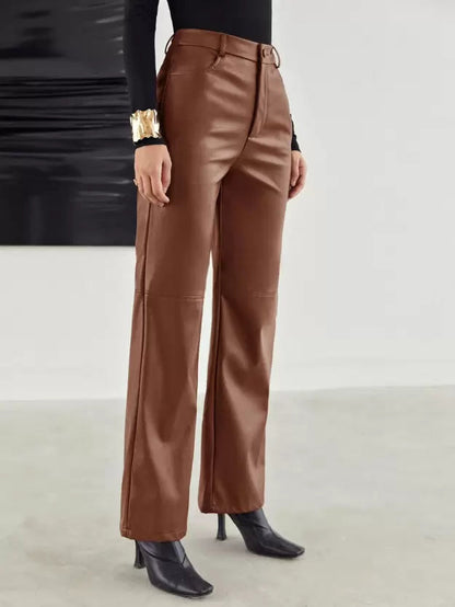 Women's High Waisted Faux Leather Wide Leg Pants - Vonnera