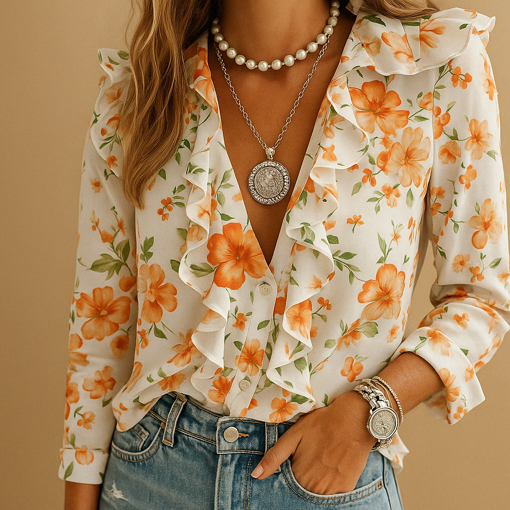 Women's Ruffle Blouse Butterfly Print - Vonnera