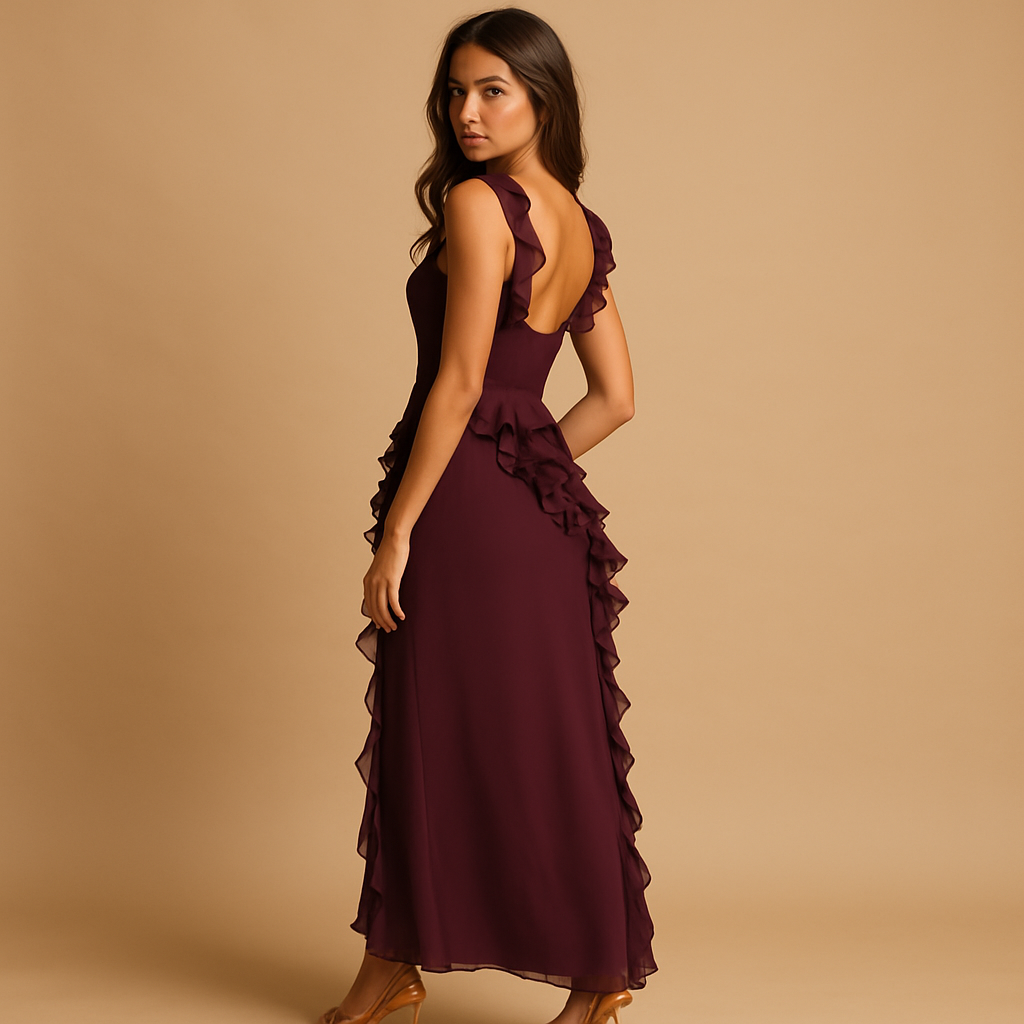 Women’s ruffle maxi dress with adjustable straps and high slit, perfect for formal events, summer evenings, and elegant occasions.