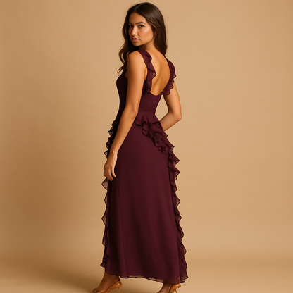 Women’s ruffle maxi dress with adjustable straps and high slit, perfect for formal events, summer evenings, and elegant occasions.
