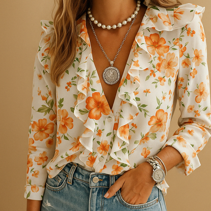 Women's Ruffled Blouse Butterfly Print - Vonnera