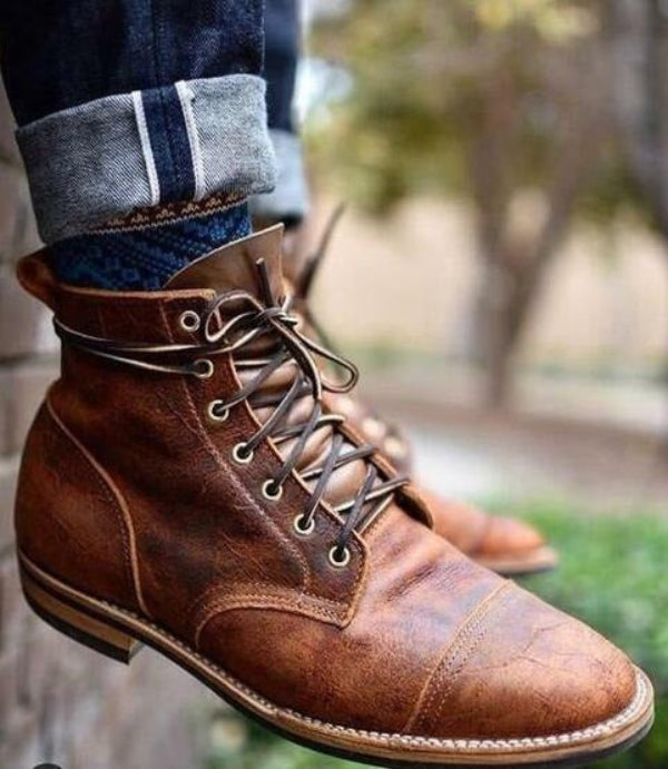 Men's Ankle Work Boots Leather Durable Sole Comfortable Brown