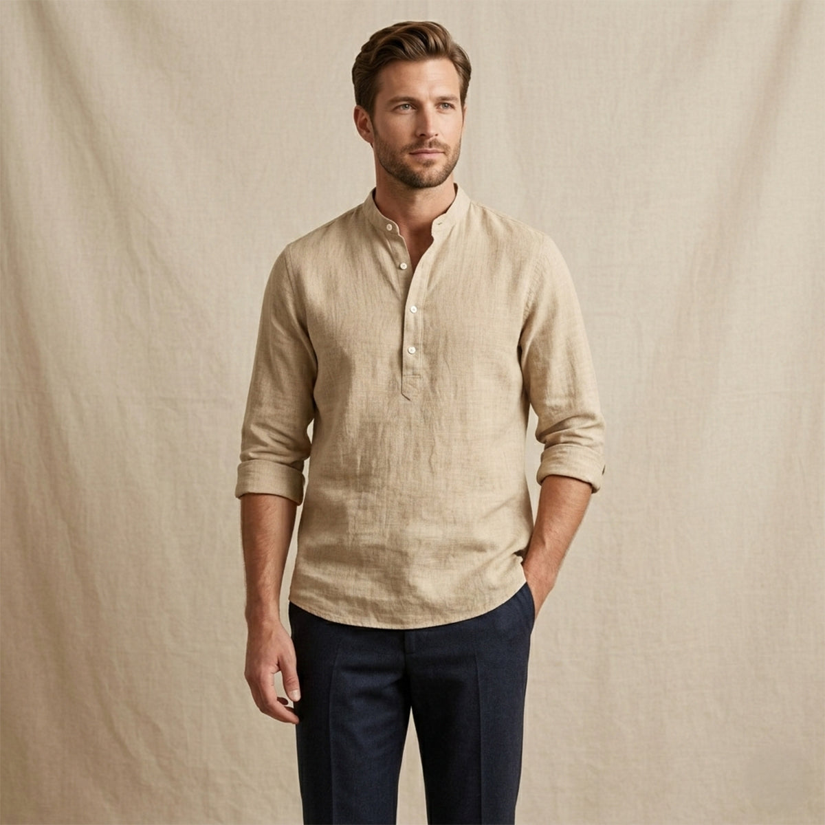 Men's Linen Casual Button Up Shirt Breathable Light Blue