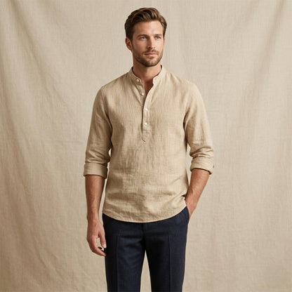 Men's Linen Casual Button Up Shirt Breathable Light Blue