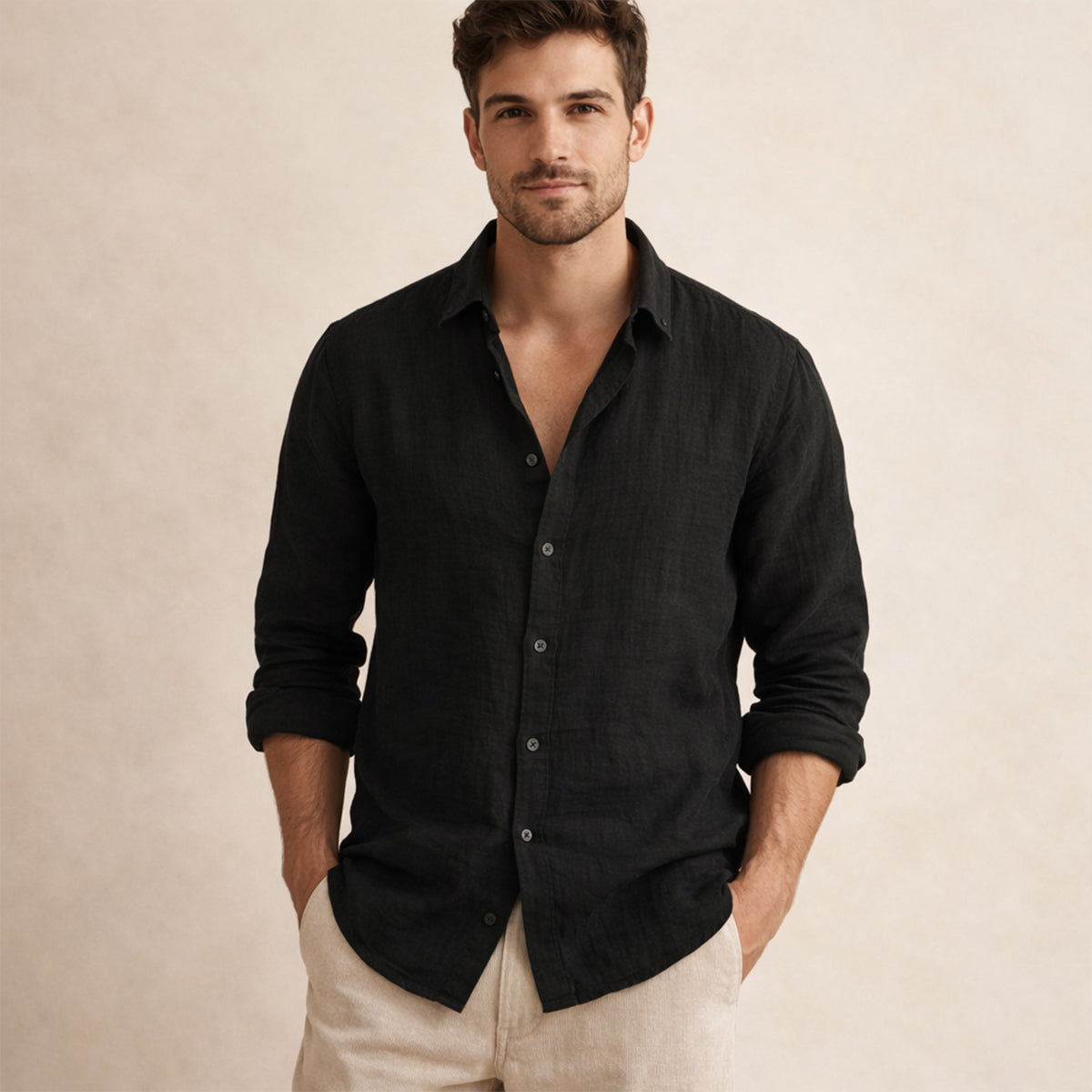 Men's Cotton Linen Button Up Beach Shirt Silver