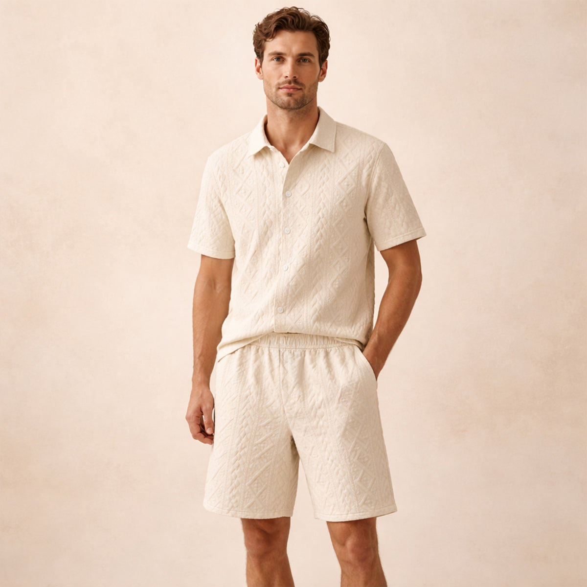 Men's Textured Casual Shirt And Shorts Set