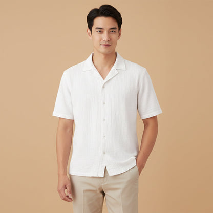 Men's Button Up Shirt Turn Down Collar Loose Fit Cotton White