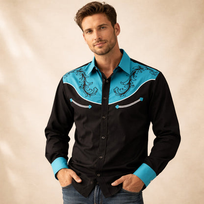 Men's Western Denim Shirt Lightweight Two Tone Blue